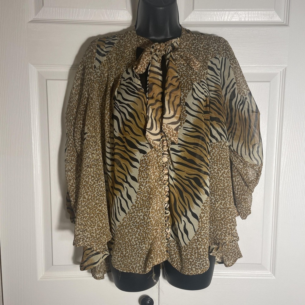 Kas Designs Animal Print Sheer Shirt Womens M Brown Tie Neck Button Up Blouse